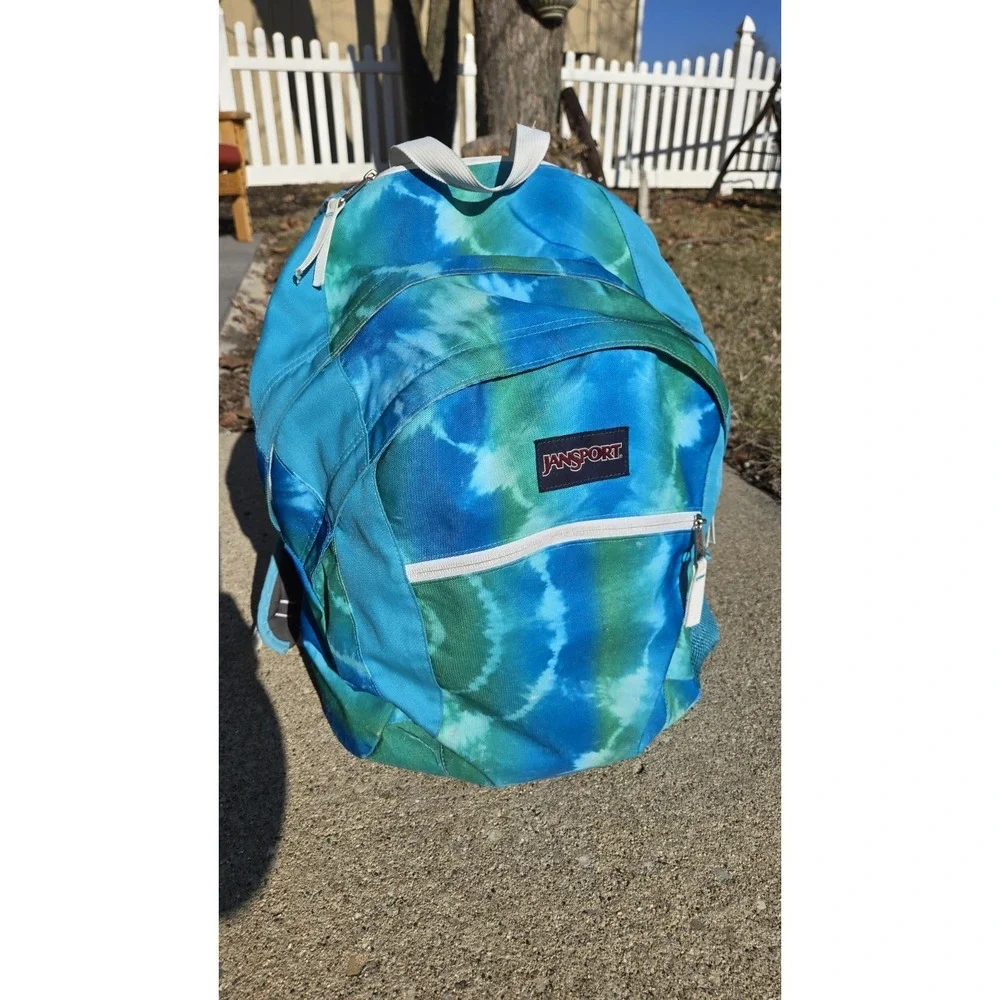 Vintage Jansport Tie Dye Backpack Blue Green Rare White Trim Y2K School Bag